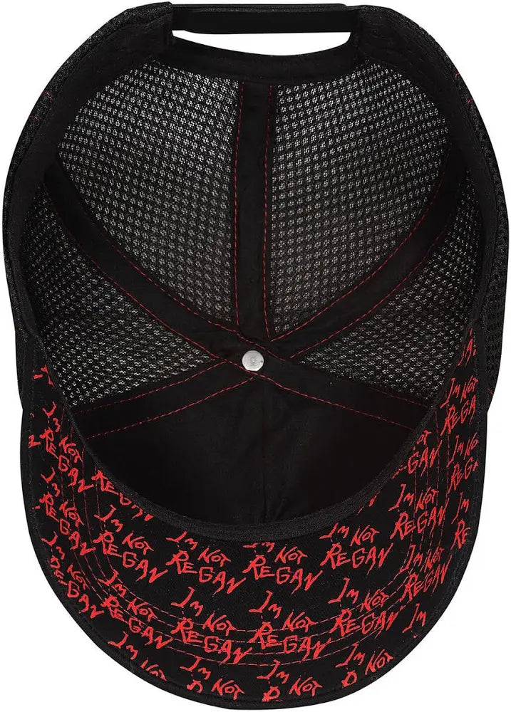 Black cap with red text on a white background