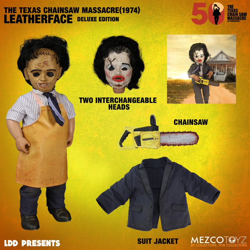 Straight from the 1974 Tobe Hooper horror classic The Texas Chainsaw Massacre, Leatherface is ready to tear through anything in his path wielding his infamous chainsaw. With two sets of interchangeable head portraits and masks. The LDD Presents The Texas Chainsaw Massacre (1974): Leatherface Deluxe Edition