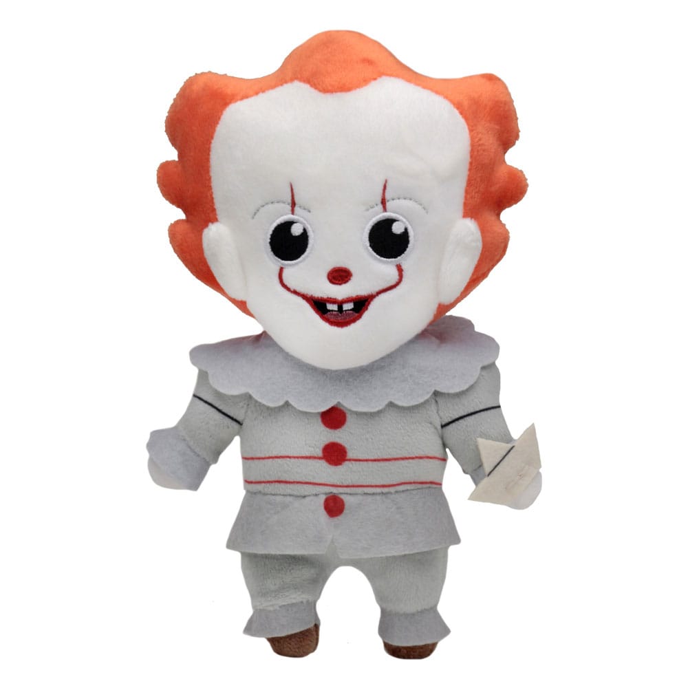 Plush toy of the character Pennywise the Dancing Clown from the movie IT, with a grey body and orange hair