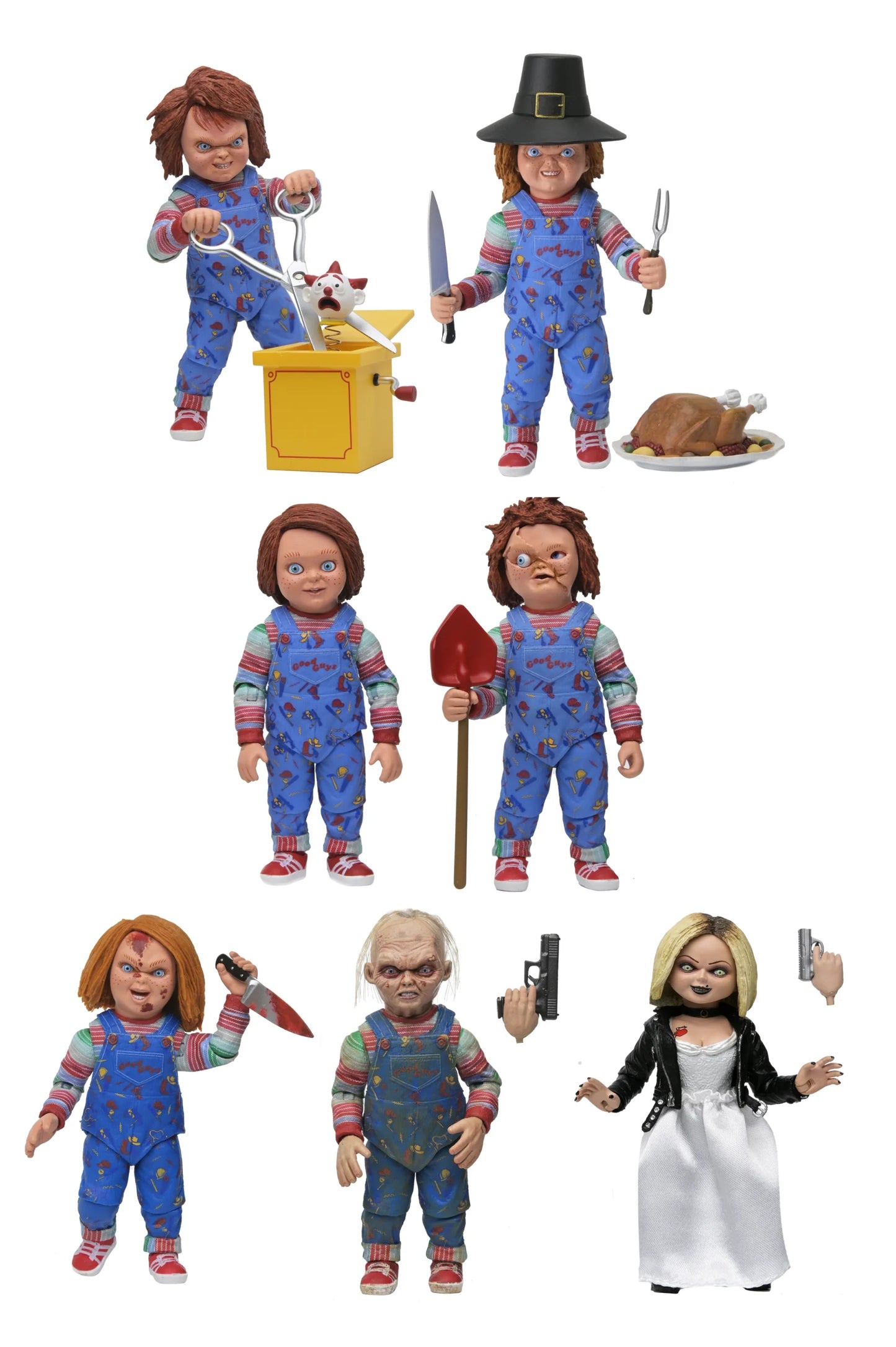 Set of Chucky action figures in various poses with different props on a white background