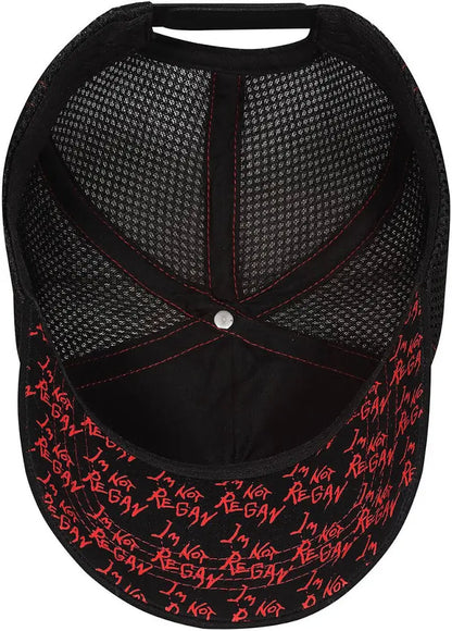 Black cap with red text on a white background