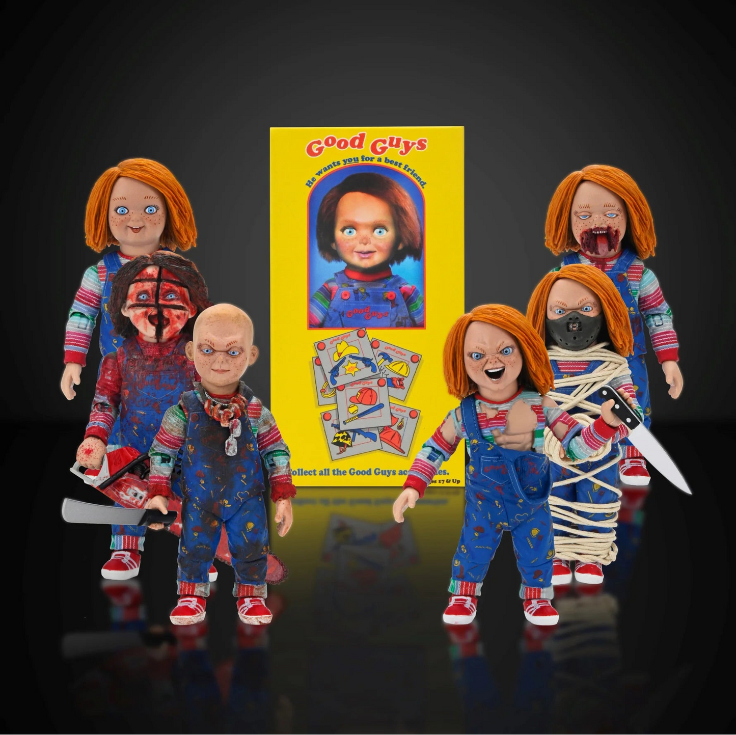 Chucky action figures from NECA with a Good Guys box in the background