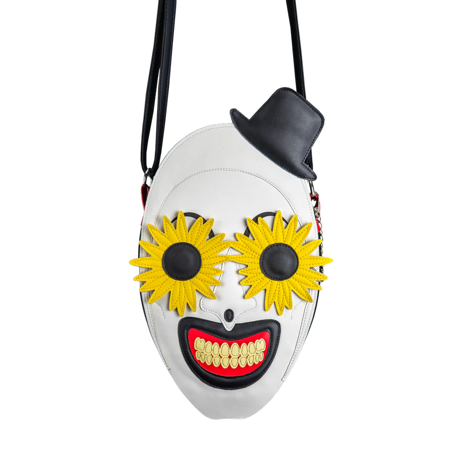 art the Clown from terrifier with a black top hat and sunflower sunglasses bag 