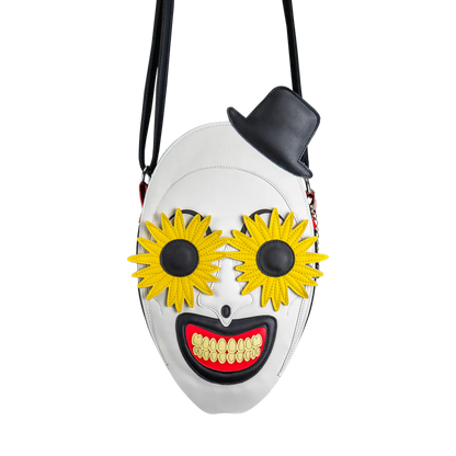 art the Clown from terrifier with a black top hat and sunflower sunglasses bag 