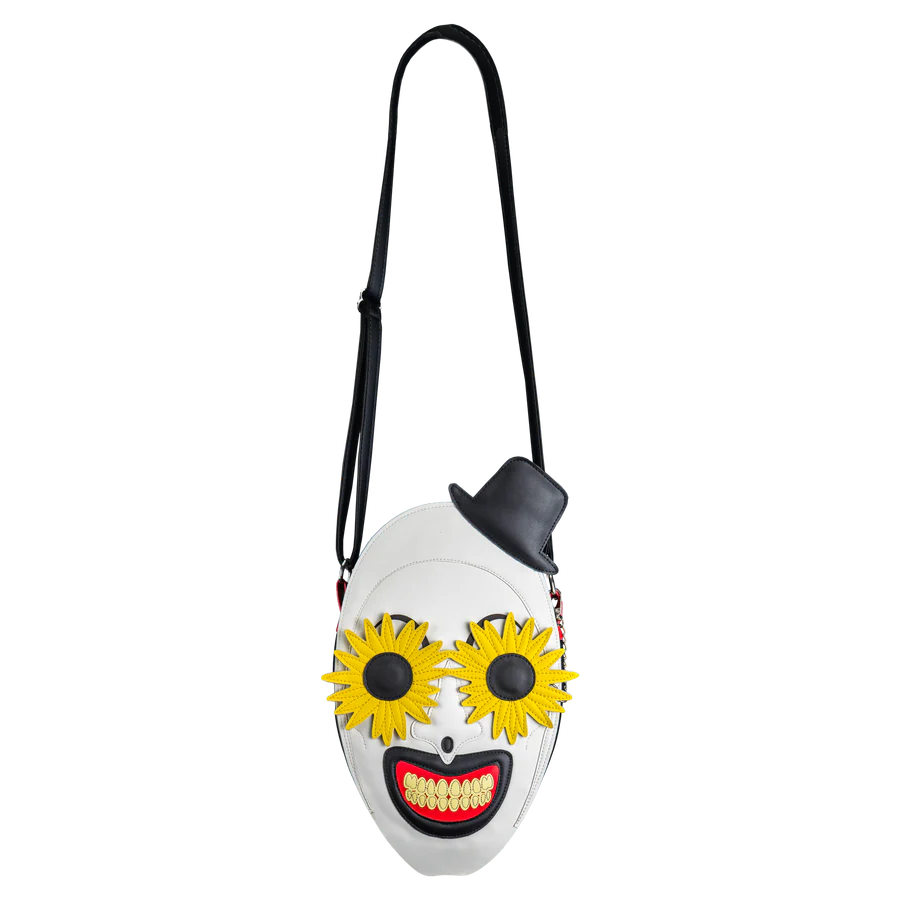 art the Clown from terrifier with a black top hat and sunflower sunglasses bag 