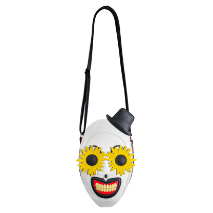 art the Clown from terrifier with a black top hat and sunflower sunglasses bag 