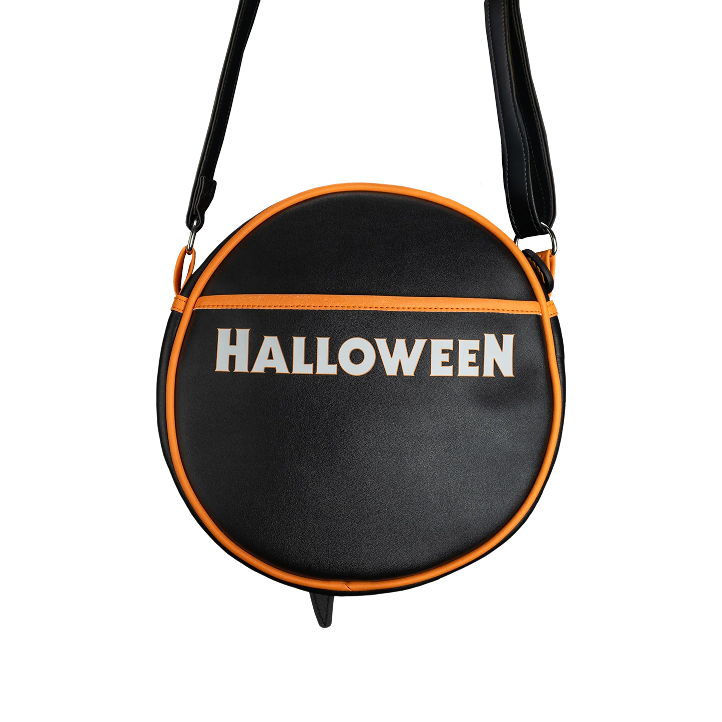 Back of the bag, black with Halloween written.