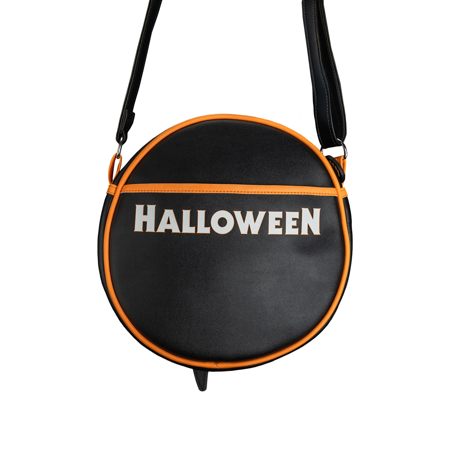 Back of the bag, black with Halloween written.