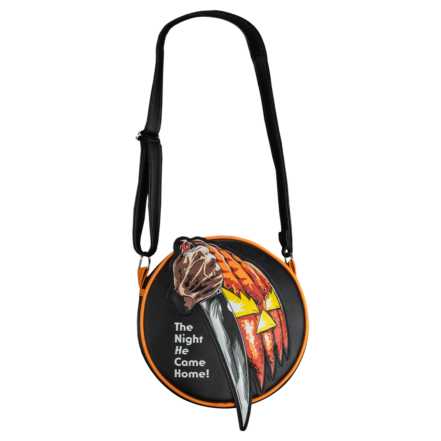 round bag with The Night He Came Home written on it and the poster design from Halloween 1978 by John Carpenter