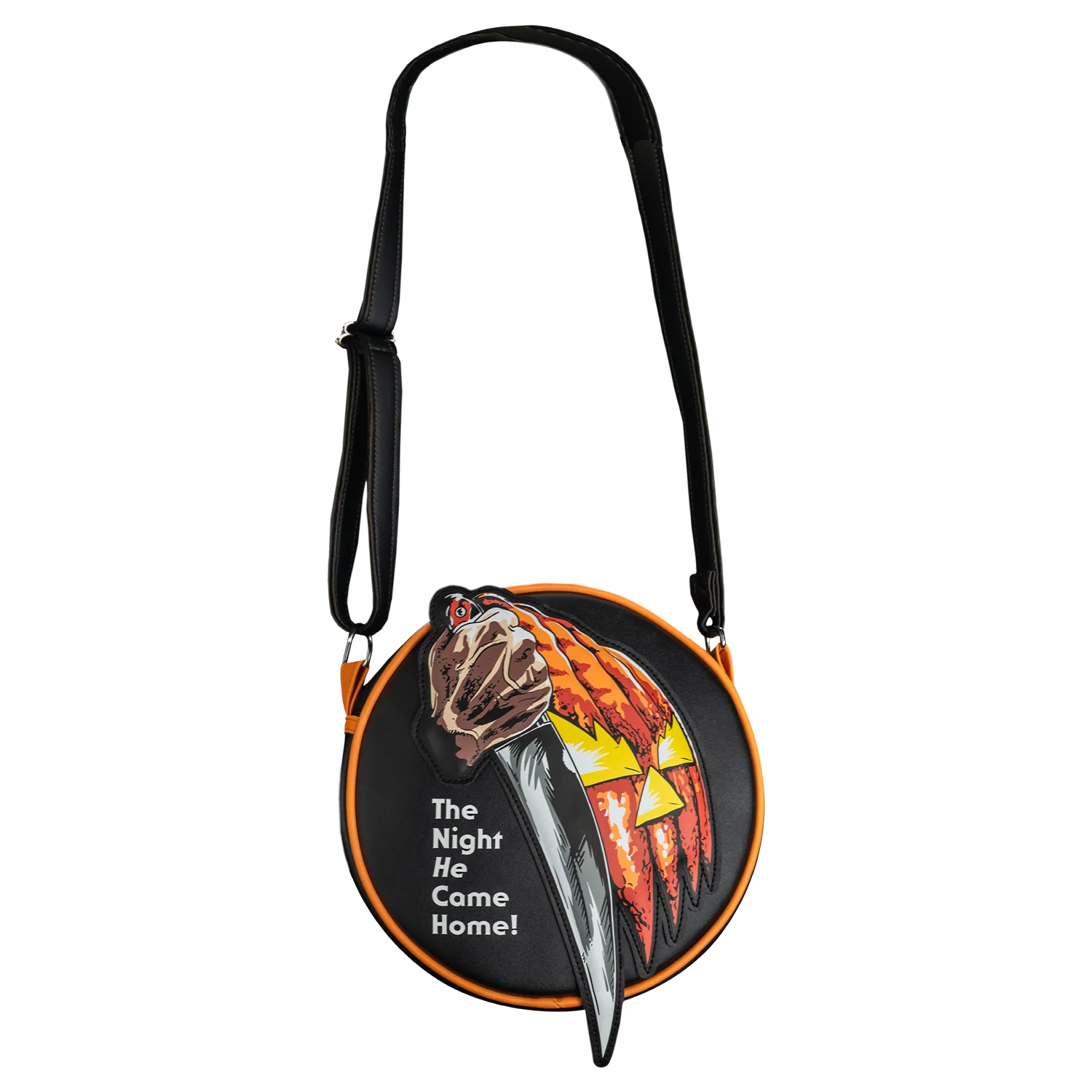 round bag with The Night He Came Home written on it and the poster design from Halloween 1978 by John Carpenter