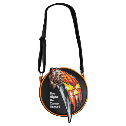 round bag with The Night He Came Home written on it and the poster design from Halloween 1978 by John Carpenter