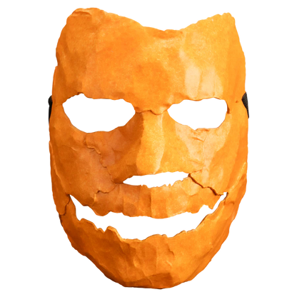 Orange mask with a carved face from Rob Zombie's Halloween