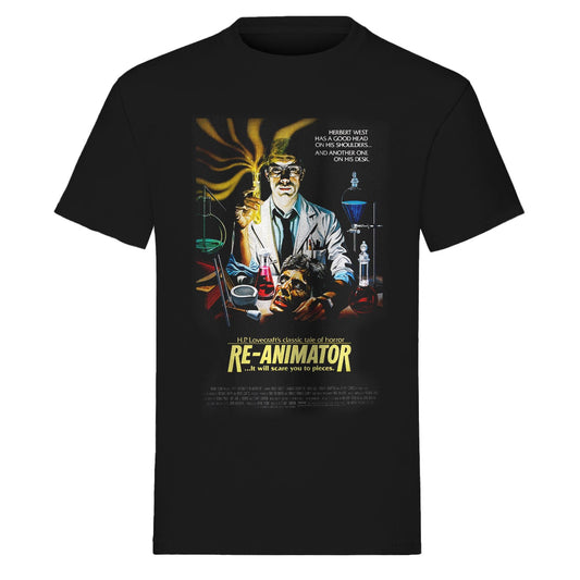 Black t-shirt with 'Re-Animator' movie poster design featuring a scientist and text.
