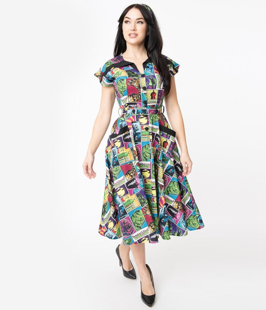 Unique Vintage X Universal Monsters Monsterror Print Hedda Swing Dress